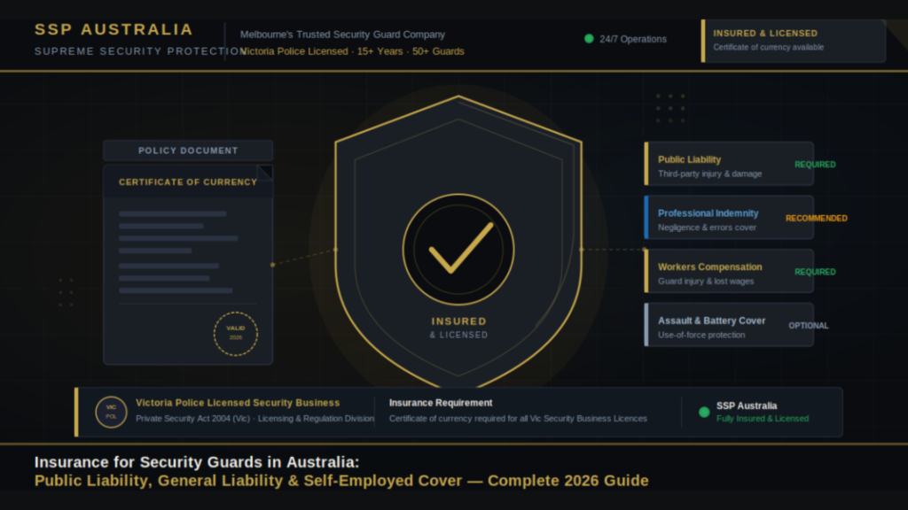 Insurance for security guards Australia — public liability and general liability guide by SSP Australia Melbourne